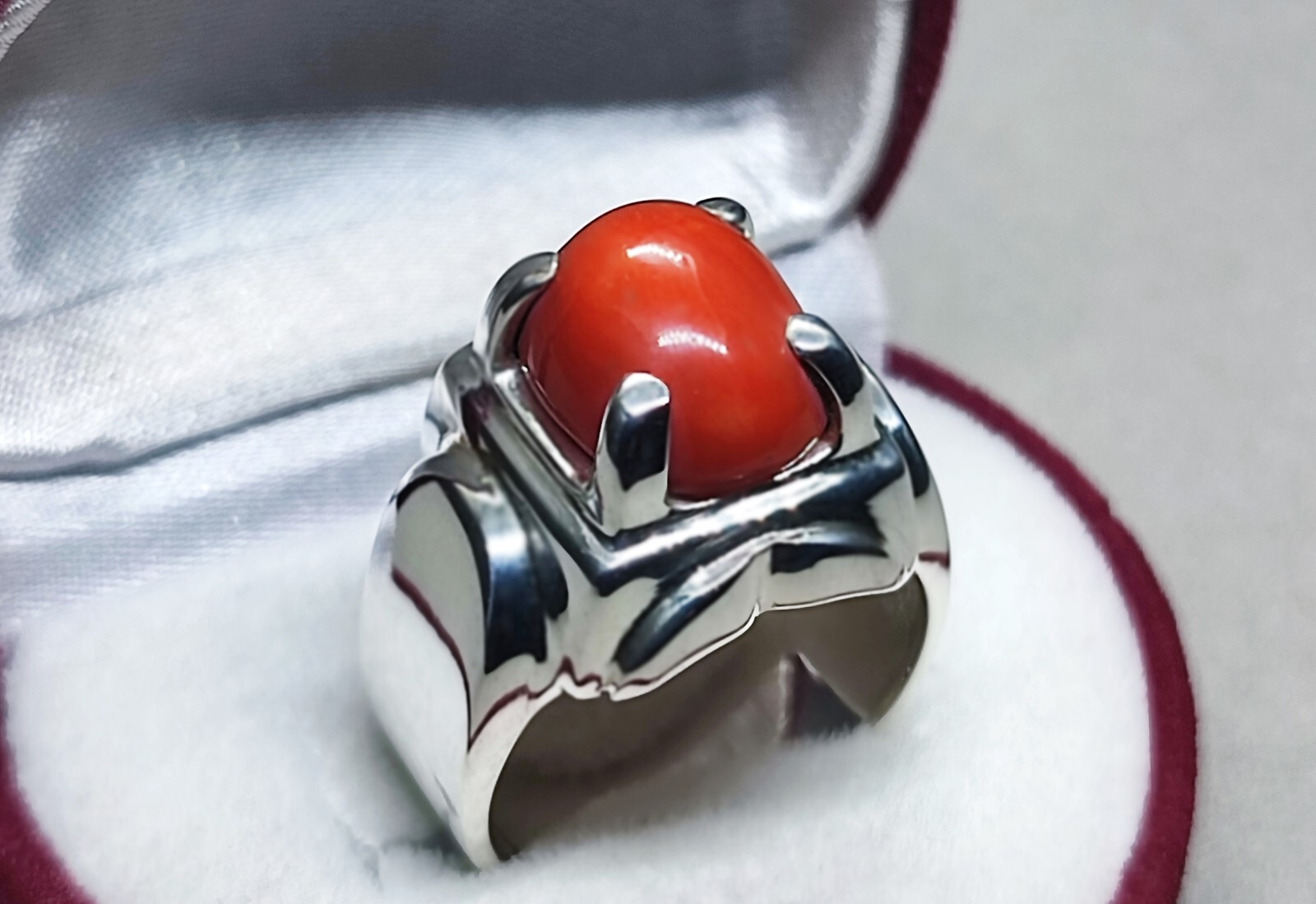 Natural Rare Red Coral/ Fire Opal Sterling Silver 925 Handmade Mens Plain Ring