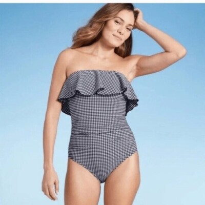 Kona Sol NWT 35B Navy Blue White Gingham Ruffle One Piece Swimsuit Size 18W
