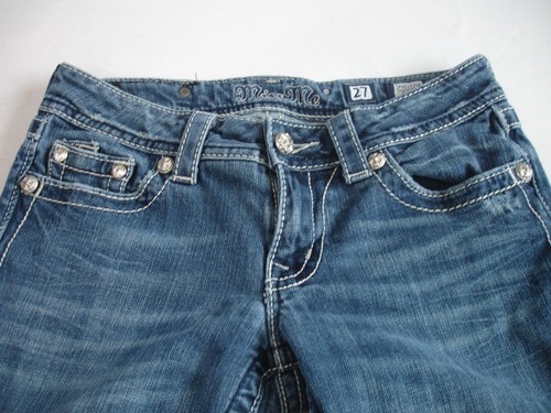 MISS ME Women's Denim Bling Crystals Rhinestone Low Rise Skinny Blue Jeans 27 - Picture 5 of 10