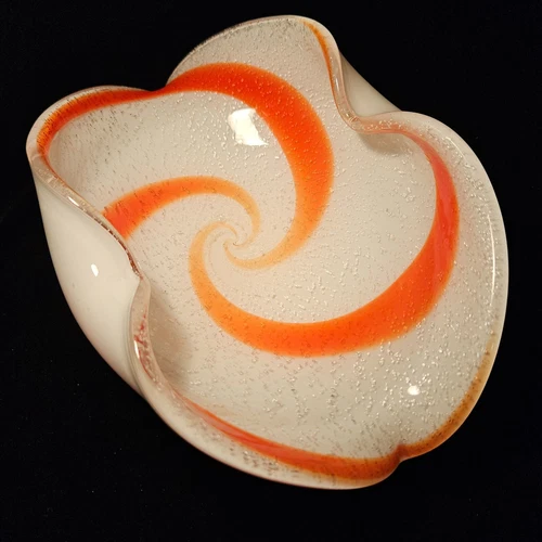 Vintage Murano Art Glass Bowl Ashtray White Orange Swirl Silver Fleck Argento