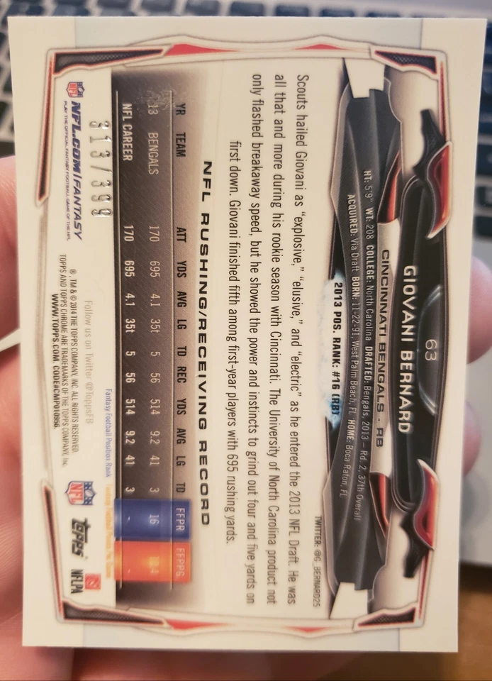 GIOVANI BERNARD 2014 TOPPS CHROME PINK REFRACTOR 313/399 MINT!! - Image 2 of 2