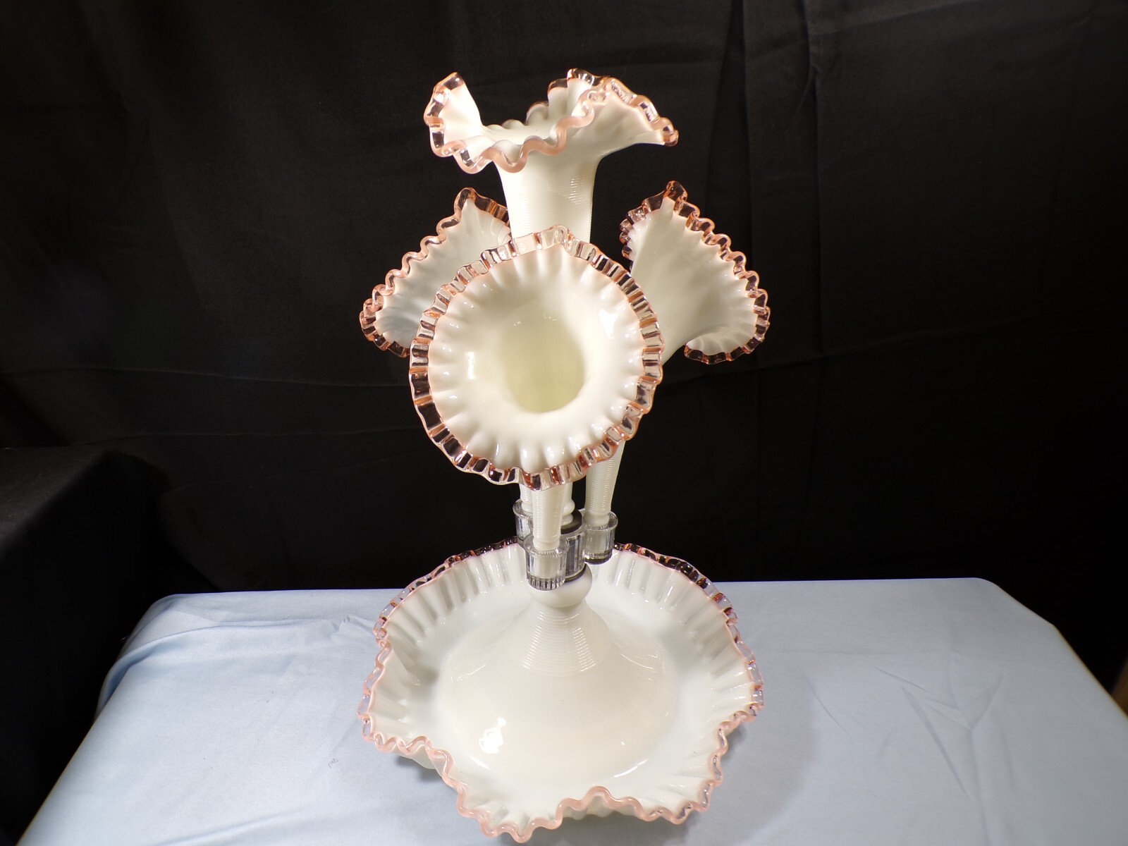 Fenton For L.G. Wright Milk Glass Pink Rose Crest Four 4 Horn Epergne
