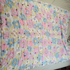 VTG 80s Pink Floral Baby Crib Quilt Blanket Holly Hobby Edging Reversible Stripe