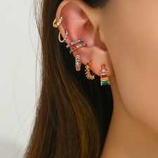 Set of 7 Colourful Rhinestone Ear Clips Earrings Set Ladies Geometric Earrings
