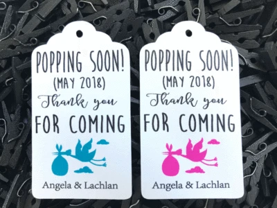 10 Kraft White Tags Baby Shower Favour Personalised Bomboneire Popping Boy Girl - image 1 of 4
