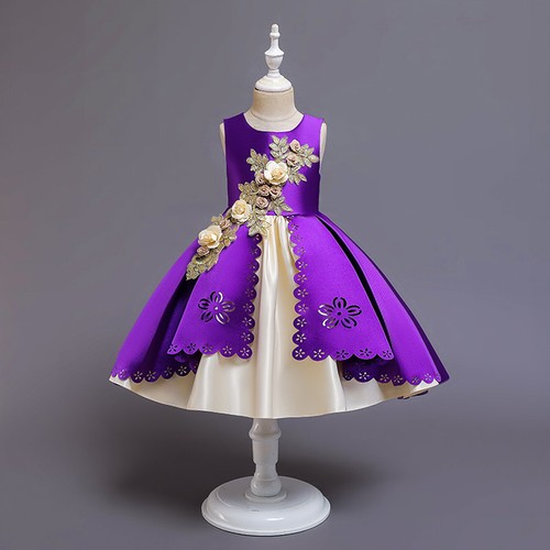 Kid Flower Girls Party Dress Princess 3D Embroidery Hollow Satin Wedding Costume - Picture 14 of 45
