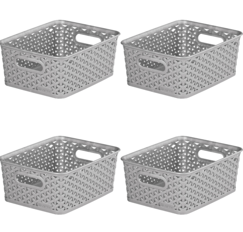4x Curver Nestable Rattan Basket Small Storage Plastic Wicker Tray 8L - Grey