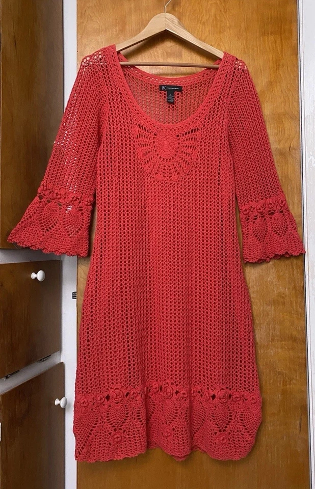 Vintage Y2K Does 70s Red Dress Crochet Trim Bell Sleeve Knit Mini Sz XL Boho - Image 3 of 4