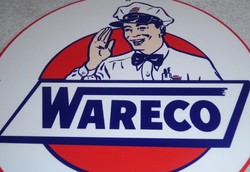 VINTAGE WARECO GAS SERVICE STATION MAN 11 3/4" PORCELAIN METAL GASOLINE OIL SIGN