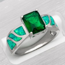 7x9 Simulated Emerald Kiwi Green Fire Opal Silver Filled Jewelry Ring Size 7 8