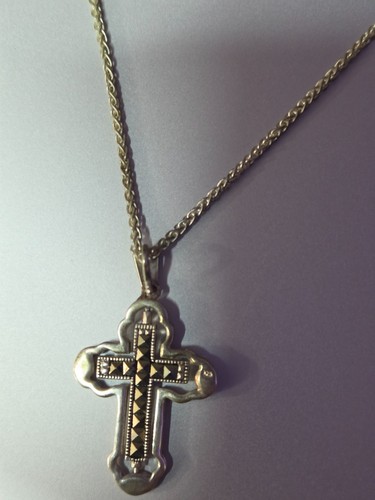 Vintage 925 Sterling Silver Marcasite Spinner Cross Pendant Necklace 26" Italy