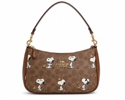 COACH x PEANUTS Teri Shoulder Bag Tan Brown Snoopy Print Signature