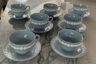 Lot 7 sets Wedgwood Queensware Cream on Lavender Blue Tea Coffee Cups & Saucers
