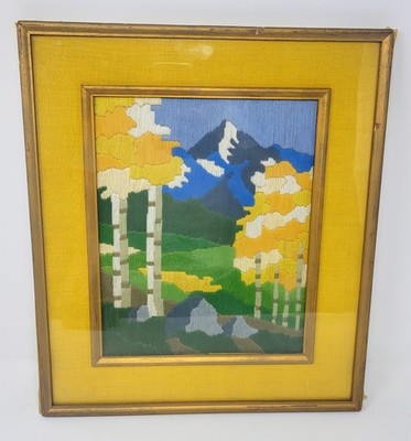 Vintage Long Stitch Needlepoint Framed Wallart 1970's MCM crewel embroidery 