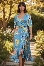 Sugar Lips 2X Blue Tropical Floral Wrap Maxi Dress Plus Size Ruffle Vacation