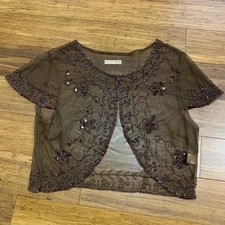 Twenty One Brown Sheer Beaded Cropped Bolero Shrug Jacket Womens Size Medium