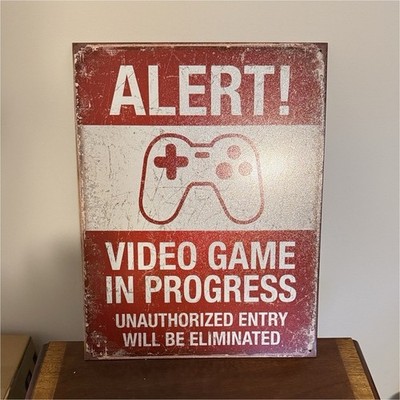 Video Game In Progress Metal Wall Sign Red White Retro Distressed Vertical