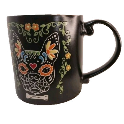 Eli-Anna Coffee Mug Halloween Handmade Ceramic Flowers & Dog Beautiful Crafted