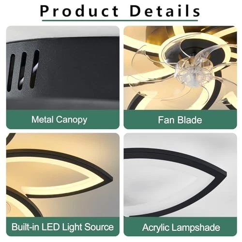 30inch Black Flower Modern CeilingFans with Lights, Low Profile 30" Black-Petal - Image 4 of 4