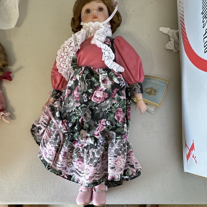 ANCO Merchandise Co. Girl Doll Light Complexion Brown Curly Hair Pink Dress 1994