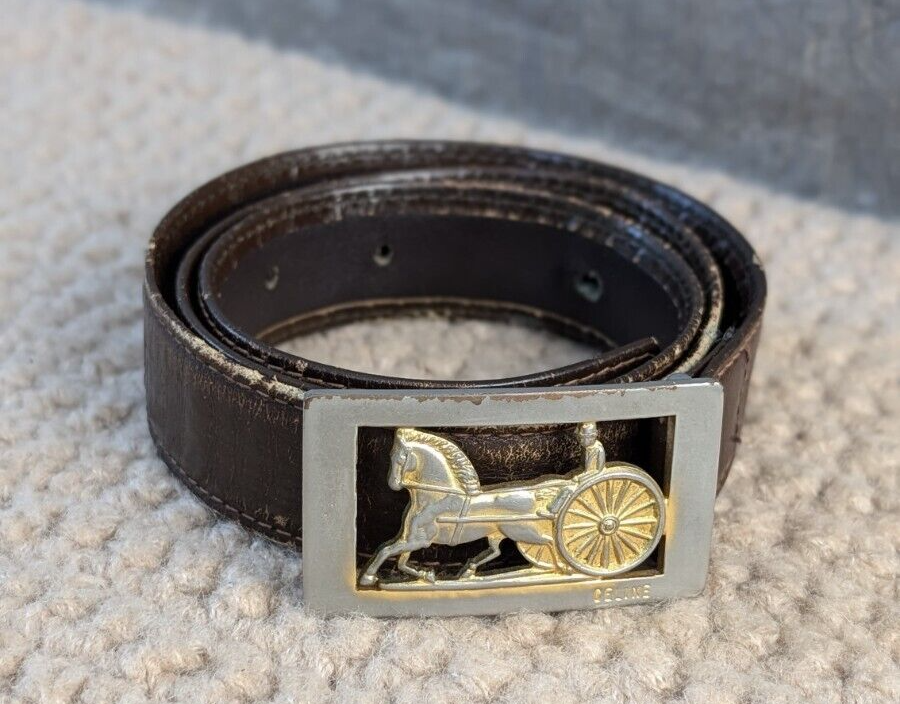 Vintage CELINE Belt 85 Gold Buckle Logo Brown Leather Horse Vintage CELINE Belt 85 Gold Buckle Logo Brown Leather Horse