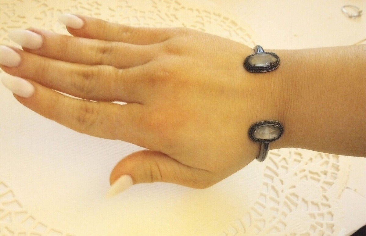 Signed Kendra Scott Faceted Quartz Black Rhinestone Gunmetal Cuff Bracelet