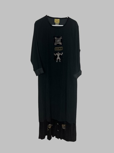 Vtg Blue Cactus Dress Sz L Black Corduroy Velvet Southwestern Tribal Art to Wear