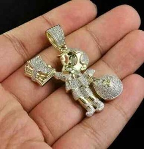 Authentic 2Ct Lab Created Diamond Men Richie Rich Money Bag Pendant 14k Yellow Gold Plated