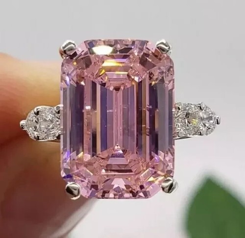 4.40Ct Emerald Cut Lab Created Pink Sapphire Engagement Ring 925 Sterling Silver - Picture 4 of 4