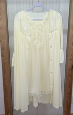 Vintage Shadowline Med Peignoir Nightgown Robe Set Yellow Lace Trim Floral Nylon