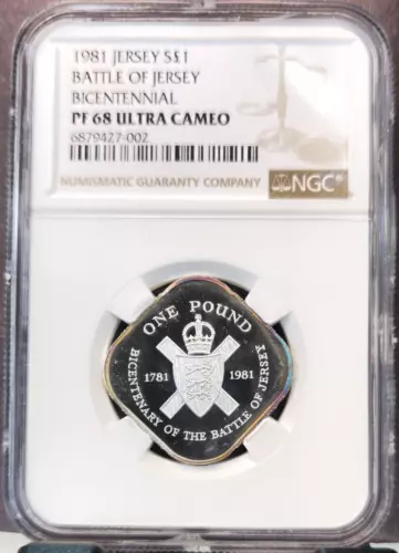 1981 JERSEY SILVER 1 POUND BATTLE OF JERSEY NGC PF 68 ULTRA CAMEO RARE TOP POP