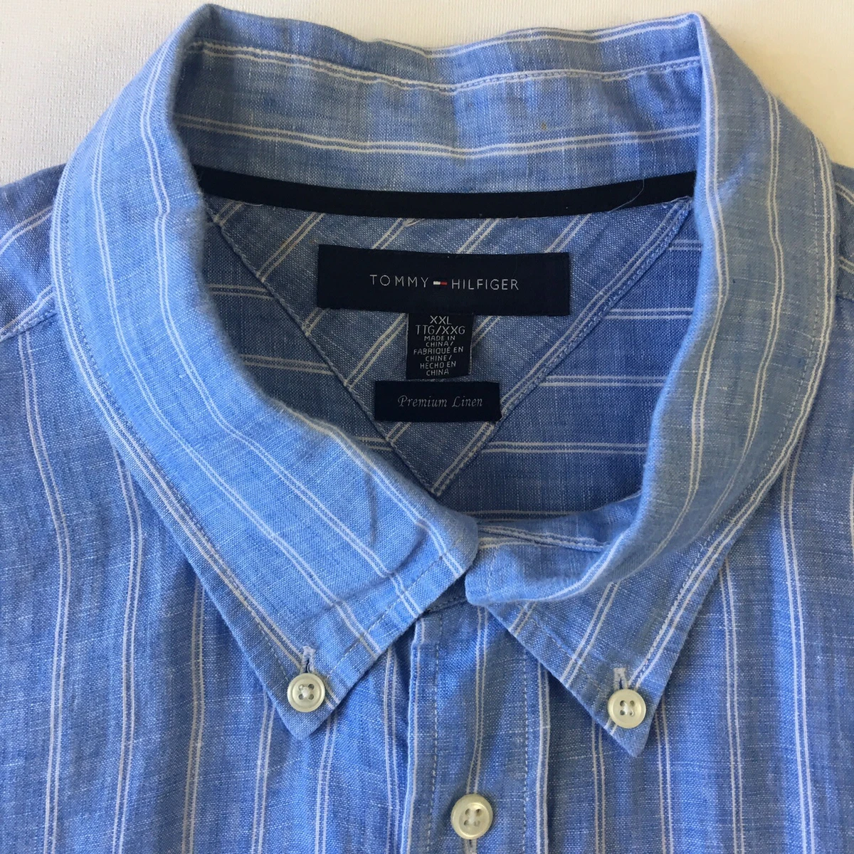 Tommy Hilfiger Green Blue Striped 100% Linen 2XL Shirt 0007 |