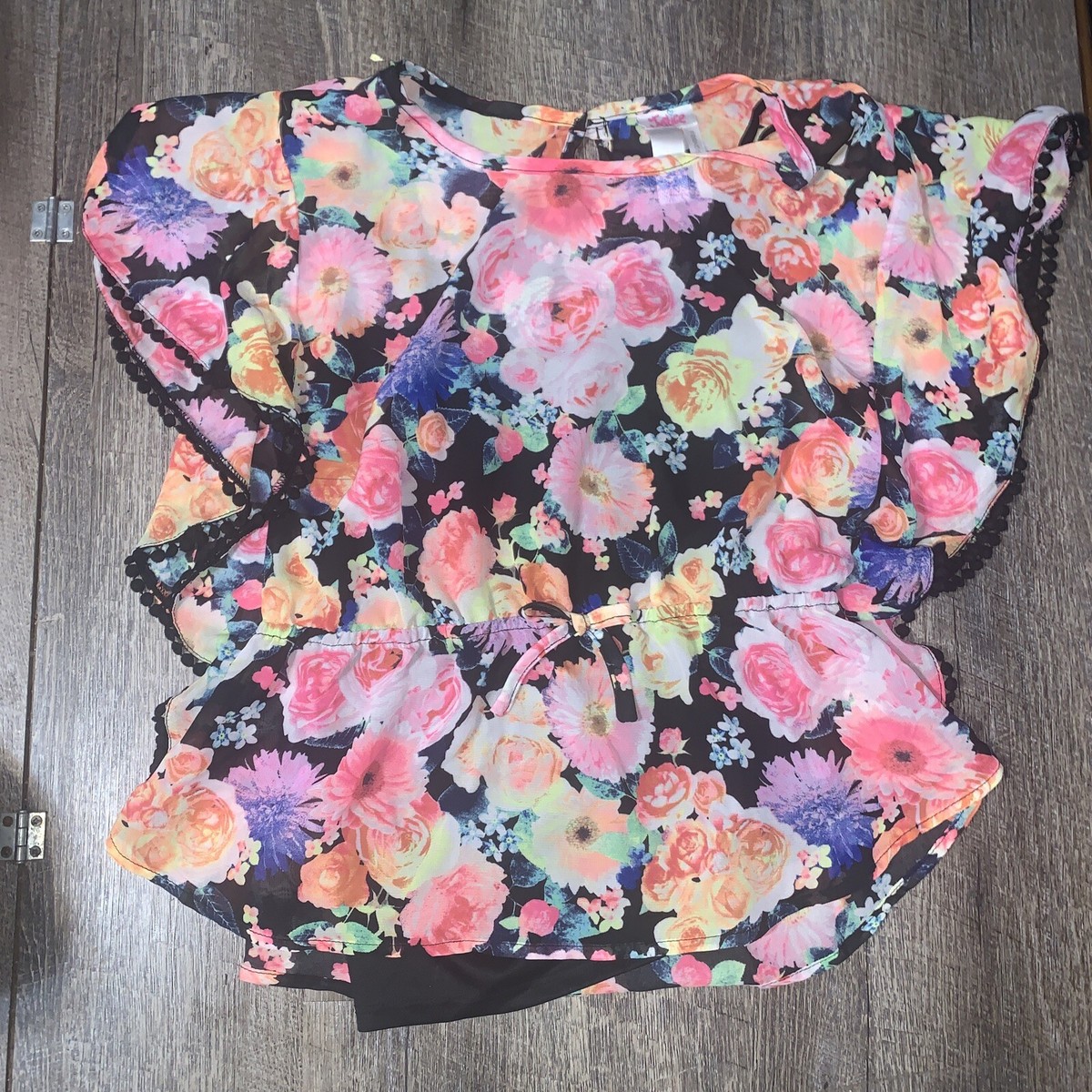 Justice sz 12 floral shirt blouse guc pink orange black W Cami