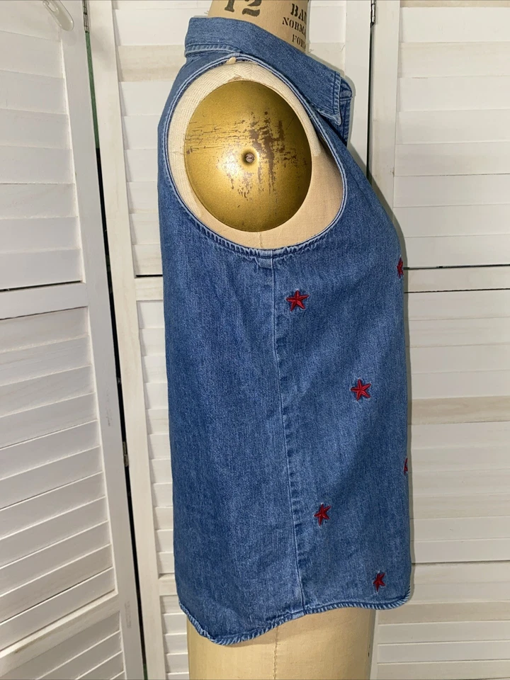 Camisa Blusa Mediana Años 80 90 MARSH LANDING Azul Denim 100% Algodón Sin Mangas Foto 4 de 4