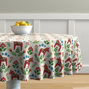 Round-Tablecloth-Dala-Horse-Red-Green-Blue-White-Swedish-Folk-Art-Cotton-Sateen