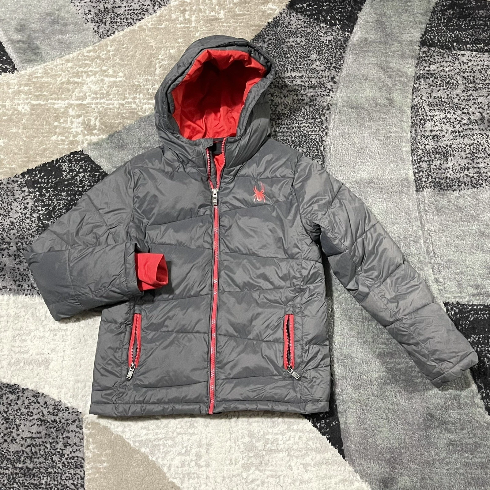 Spyder Puffer Jacket Hoodie Boys Medium 10-12 Gray Full Zip Lined Pockets Coat