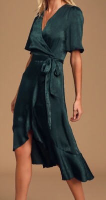 Lulus Large Dark Green Satin Faux Wrap V-Neck Hi-Low Women s Midi Dress NWT