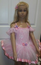 Ballet Dance COSTUME LACE OVERLAY ORGANDY TUTU rose RIBBON TRIM sz 2-3 Child