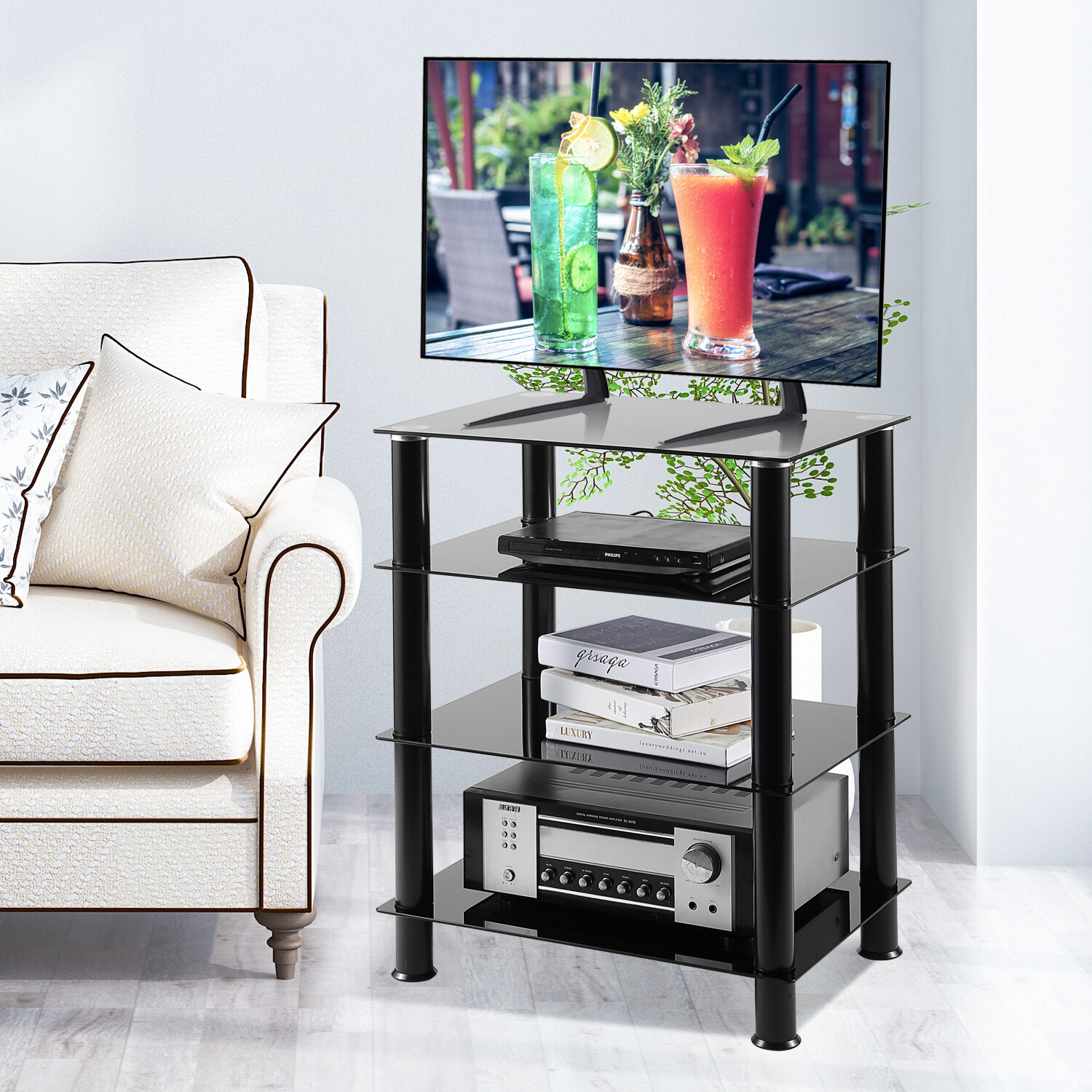 TAVR 4-Tiers Glass Media TV Stand Audio Video Tower for TV/Xbox/Gaming Consoles