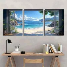3pcs Seascape Tropical Beach Window View Wall Art Canvas Framed 50x70cm