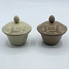 Set Of 2 Vintage Ceramic Loose Leaf Tea Infuser Strainer With Lid Brown Tan