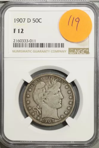 1907 D Barber Half Dollar 50c NGC F 12 Fine #3-011