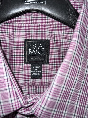 Jos A Bank Traveler XL Shirt Spread Collar Slim Fit Cotton Berry Charcoal White - Picture 3 of 10