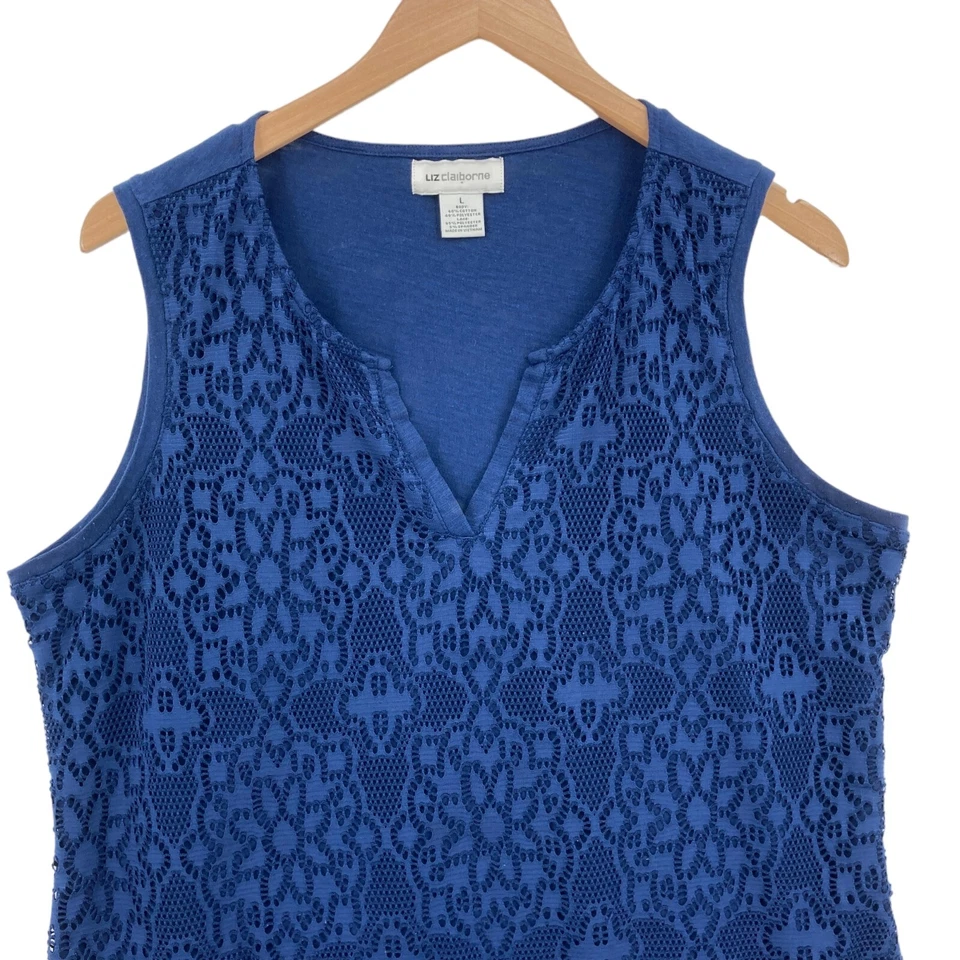 Liz Claiborne Tank Top Womens Large Blue Knit Cotton Lace Front V Neck Pullover - Image 4 of 4
