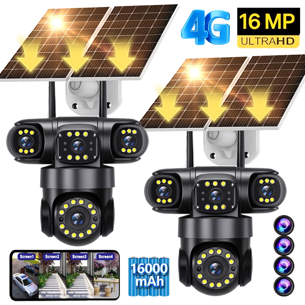 2x 16MP 4G SIM Solar Security IP Camera Outdoor 4 Lens PTZ CCTV Motion Detection