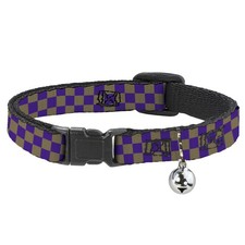 Cat Collar Breakaway with Bell Checker Purple/Gold  NARROW Fits 8.5-12"