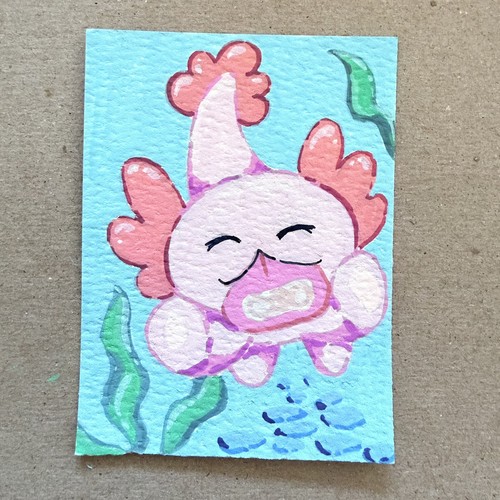 ACEO Art Card Original Acrylic Painting Art Axolotl Signed by Artist Nree.S