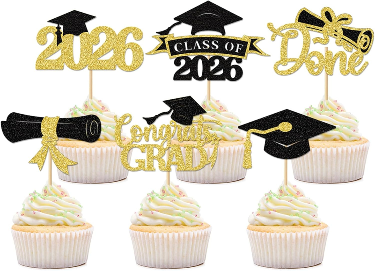 24Pcs 2026 Graduation Cupcake Toppers, Black & Gold Glitter Class of 2026 Cupcak