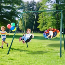 440lb Heavy Duty Swing Set Metal Frame Kids Adult Backyard Playset with 2 Swings