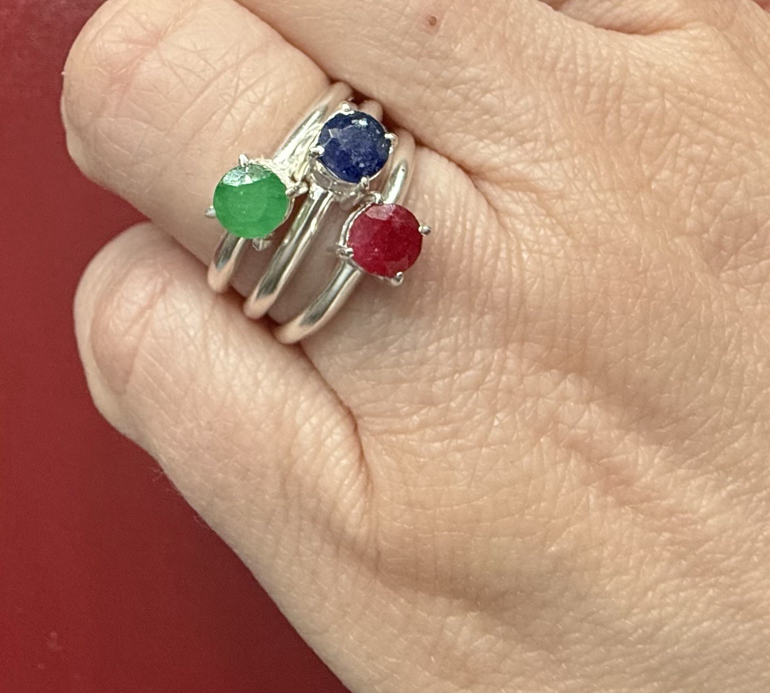 3 Sterling Silver Stacker Rings - Ruby Emerald Sa… - image 1